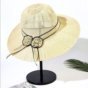 NEW FLOWER PEARL DECOR WIDE BRIM HAT